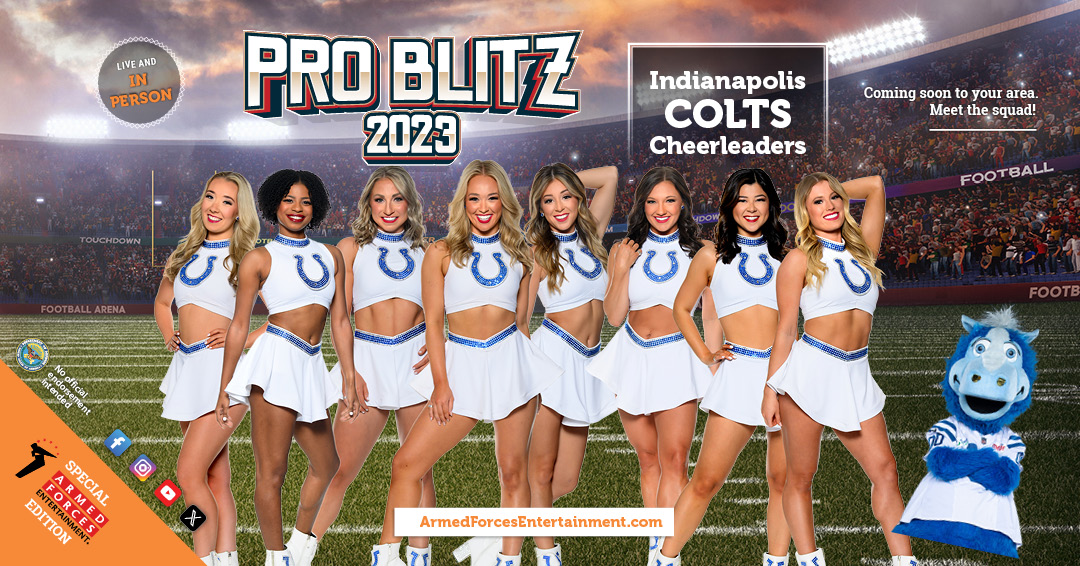 Get ready to cheer for the cheerleaders! Join AFE for the latest Pro Blitz tour, starring the Indianapolis Colts Cheerleaders and Blue! See here for more information: armedforcesentertainment.com/upcoming-tours…