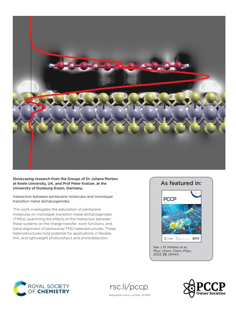 A recent paper from our team at @KeeleUniversity has been featured in the back cover of @PCCP. It investigates the interaction between pentacene molecules and 2D TMDs and how this interaction affects the band alignment in the heterostructure doi.org/10.1039/D3CP01…