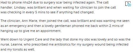 Excellent feedback received via <a href="/CareOpinionScot/">Care Opinion Scot</a> for both <a href="/ucs_fife/">FIFE UCS</a> and <a href="/NHS24/">NHS 24</a>