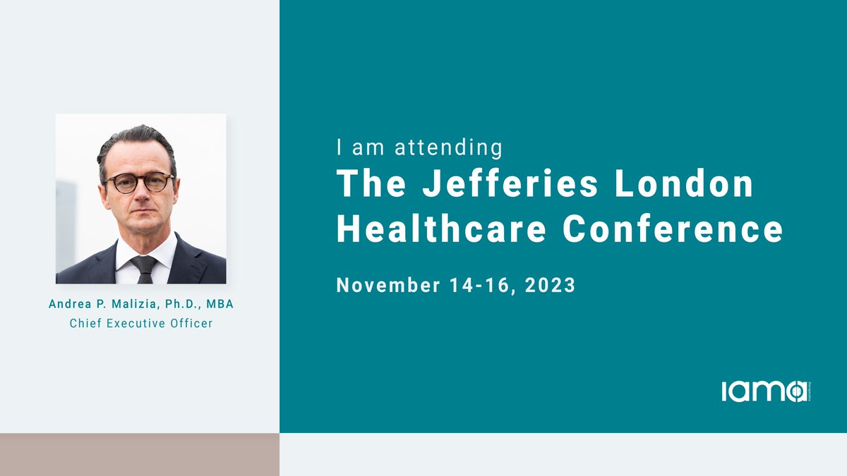 IAMA Therapeutics CEO <a href="/AndreaPMalizia/">Andrea P Malizia</a> will be attending the #JefferiesHealthcare Conference November 14-16 in London, UK.

#Biotech #LifeScience #Neuroscience #Neurodevelopment #Investment #Partnering #Dealmaking