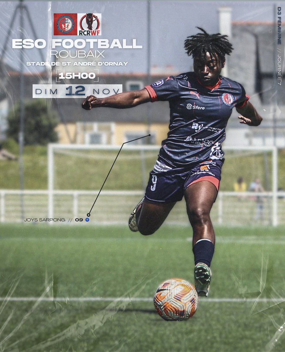 ESOF (@esofootball) on Twitter photo 𝑫3 𝑭𝑬́𝑴𝑰𝑵𝑰𝑵𝑬 💥
👉 7𝑒̀𝑚𝑒 𝑗𝑜𝑢𝑟𝑛𝑒́𝑒 𝑑𝑒 𝐷3 𝐹𝑒́𝑚𝑖𝑛𝑖𝑛𝑒 𝑐𝑒 𝑫𝒊𝒎𝒂𝒏𝒄𝒉𝒆 12 𝑵𝒐𝒗𝒆𝒎𝒃𝒓𝒆❗️
🆚 <a href="/rcrwfeminines/">Racing club Roubaix Wervicq</a>
⌚️ 𝟏𝟓𝐡𝟎𝟎
📍 𝑺𝒕𝒂𝒅𝒆 𝒅𝒆 𝑺𝒂𝒊𝒏𝒕 𝑨𝒏𝒅𝒓𝒆́ 𝒅’𝑶𝒓𝒏𝒂𝒚
💶 Entrée 5€
🔥 𝘉𝘰𝘯 𝘤𝘰𝘶𝘳𝘢𝘨𝘦 𝘭𝘦𝘴 𝘧𝘪𝘭𝘭𝘦𝘴 ! 𝑫3 𝑭𝑬́𝑴𝑰𝑵𝑰𝑵𝑬 💥
👉 7𝑒̀𝑚𝑒 𝑗𝑜𝑢𝑟𝑛𝑒́𝑒 𝑑𝑒 𝐷3 𝐹𝑒́𝑚𝑖𝑛𝑖𝑛𝑒 𝑐𝑒 𝑫𝒊𝒎𝒂𝒏𝒄𝒉𝒆 12 𝑵𝒐𝒗𝒆𝒎𝒃𝒓𝒆❗️
🆚 <a href="/rcrwfeminines/">Racing club Roubaix Wervicq</a>
⌚️ 𝟏𝟓𝐡𝟎𝟎
📍 𝑺𝒕𝒂𝒅𝒆 𝒅𝒆 𝑺𝒂𝒊𝒏𝒕 𝑨𝒏𝒅𝒓𝒆́ 𝒅’𝑶𝒓𝒏𝒂𝒚
💶 Entrée 5€
🔥 𝘉𝘰𝘯 𝘤𝘰𝘶𝘳𝘢𝘨𝘦 𝘭𝘦𝘴 𝘧𝘪𝘭𝘭𝘦𝘴 !