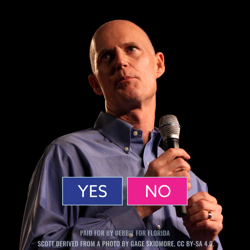 DebbieforFL's tweet photo. Rick Scott is a fraud.

He’s a millionaire who bought his way into the Senate and has plotted to harm the families he swore to serve.

That's why I’m running to defeat him. But I need to know if you'll have my back in this fight: DO YOU APPROVE OF RICK SCOTT?