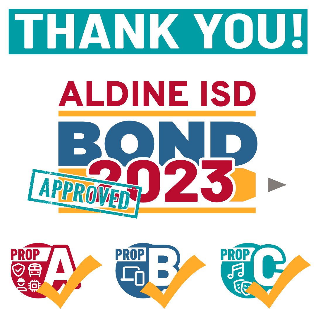 Big win for AldineISD and, most importantly, our students! Aldine voters passed all parts of the Bond 2023 proposal! Thank you to everyone; these are exciting times in #MyAldine! Click the link for more information 👉 ow.ly/Puxs50Q5yjF