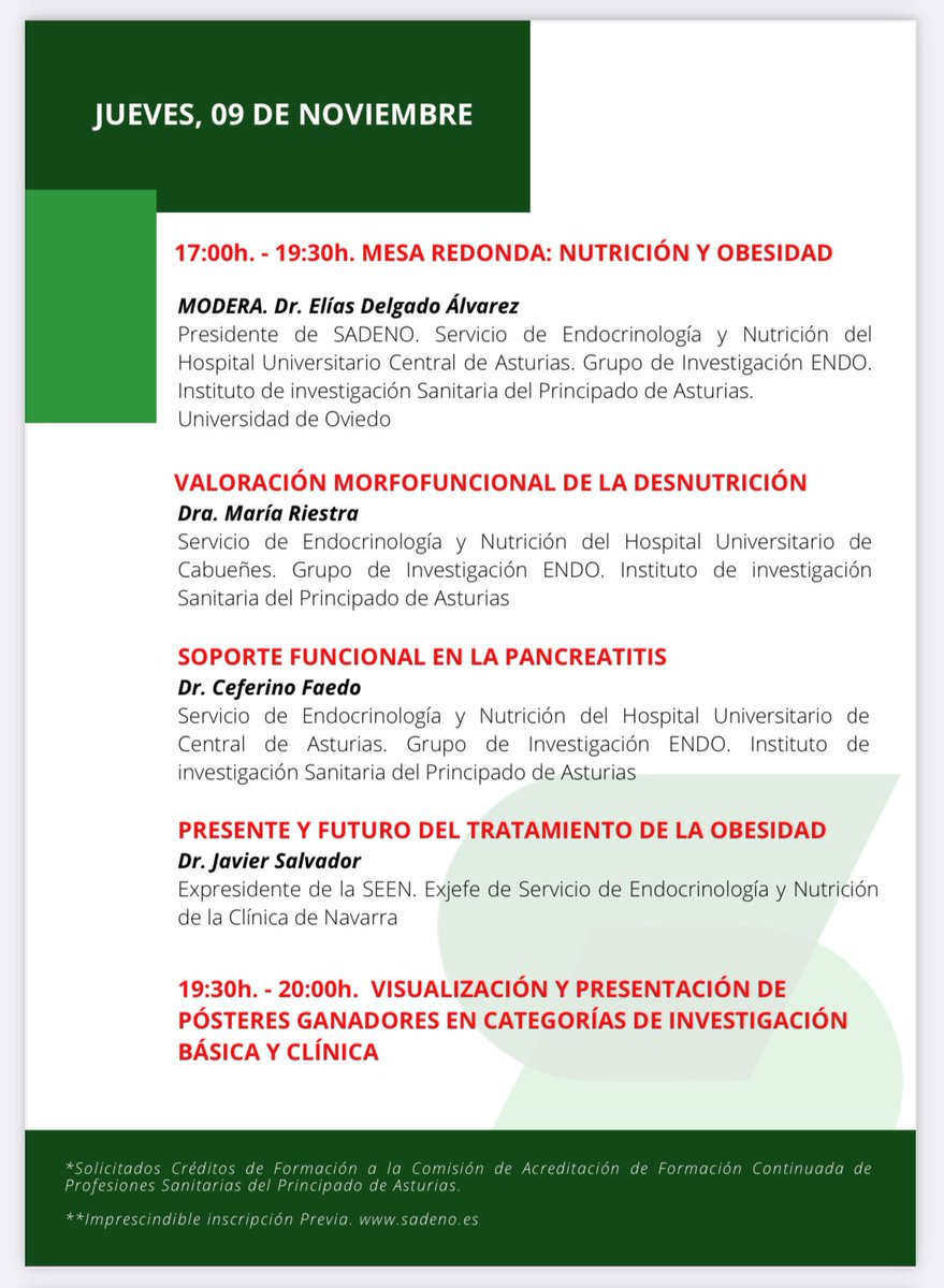 📄 Aquí está el programa para hoy y mañana ¡os esperamos en el palacio de congresos del Calatrava en Oviedo! IX congreso SADENO