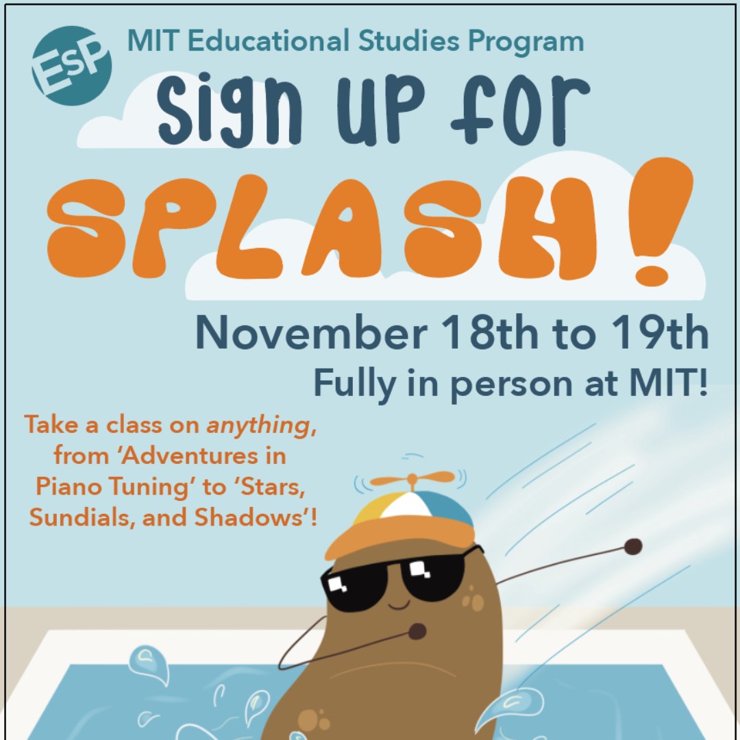mitogcr's tweet image. Come to MIT&apos;s campus to take classes on anything and everything! 😎 Registration closes on November 9th at 11:59pm.

Learn more ➡️ finditcambridge.org/programs/splas…

#cambma #mitesp #splash