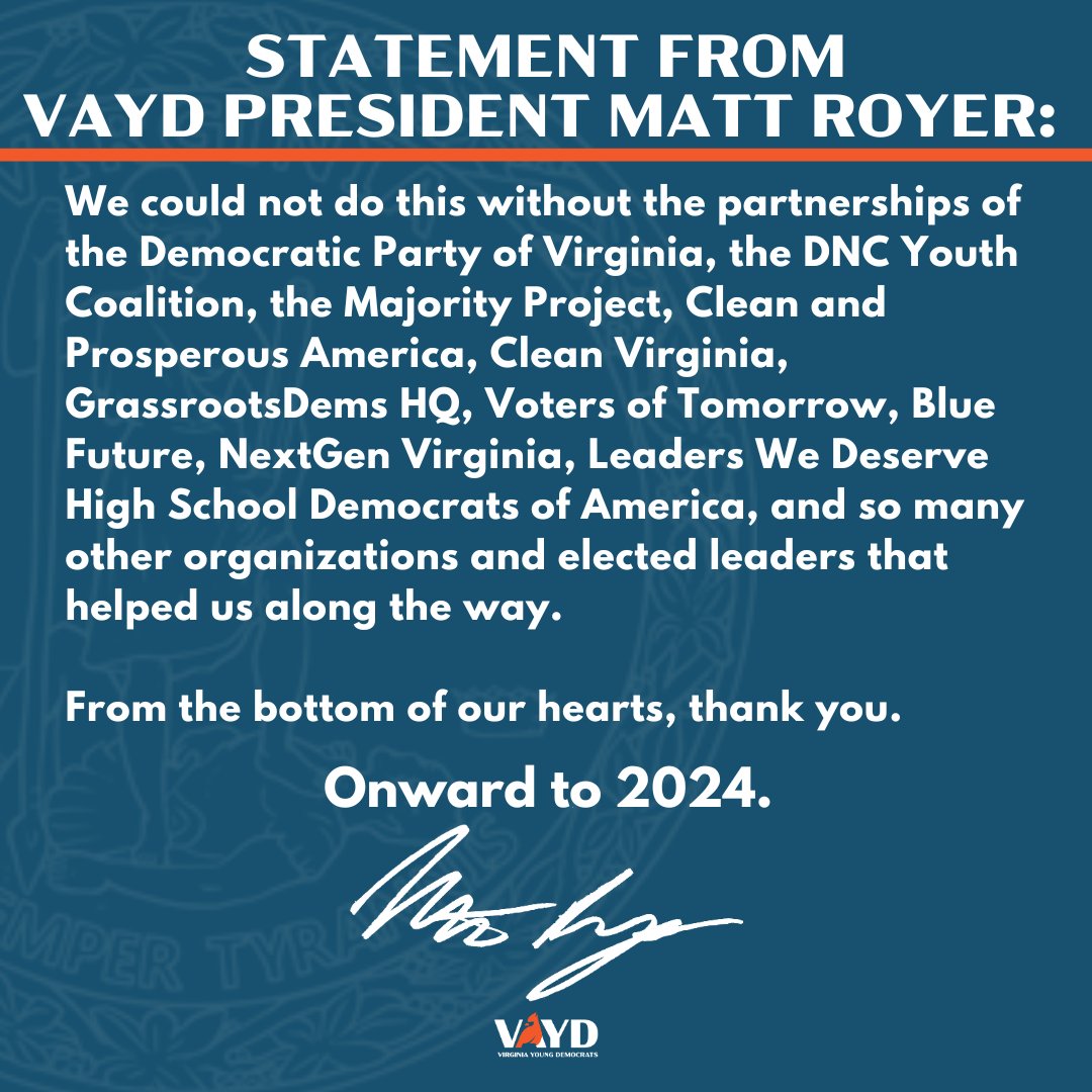 VAYD's tweet photo. Statement for VAYD President @royermattw on Democrats Sweeping the State Legislature Last Night 6/ https://t.co/cPBE8SVKtf