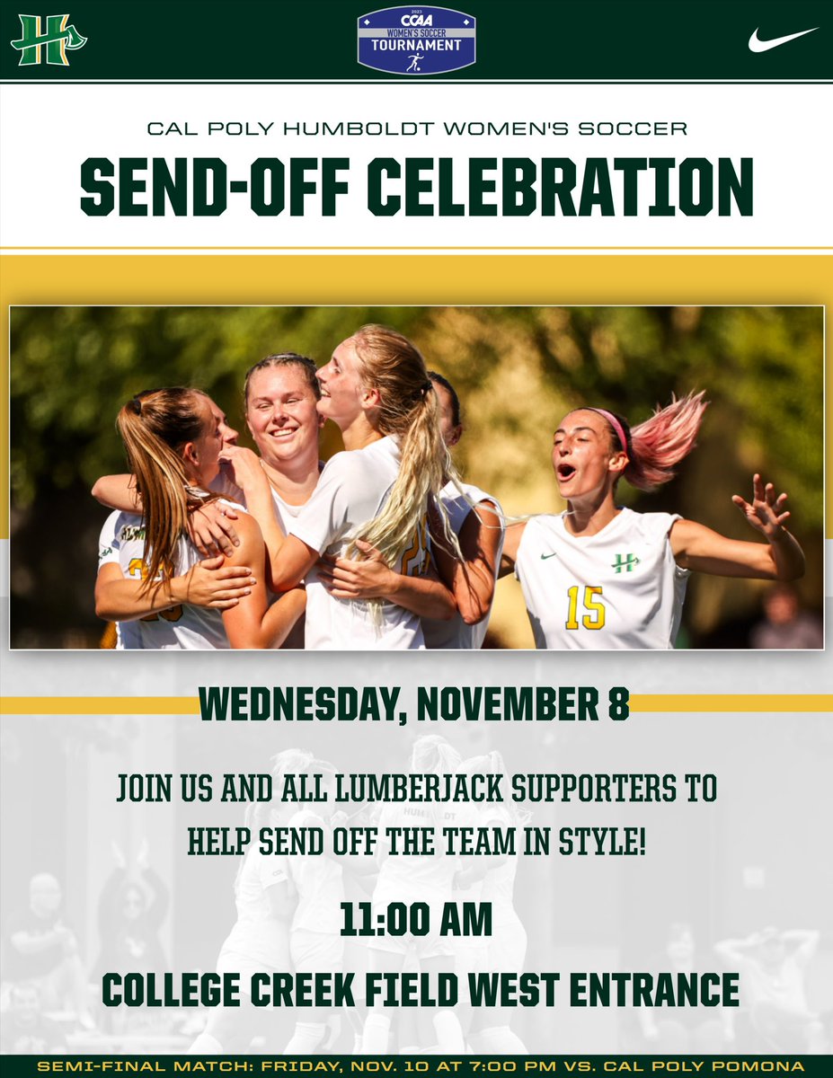 🚨HELP SEND OFF THE TEAM IN STYLE👏 Join Lumberjack fans and supporters Wednesday morning at 11 AM to send off @Humboldt_WSOC to their @goccaa Semi-Final match and celebrate their success! ⚽️ Gather at the College Creek Field West Entrance and bring the energy! 📣 #GoJacks🪓