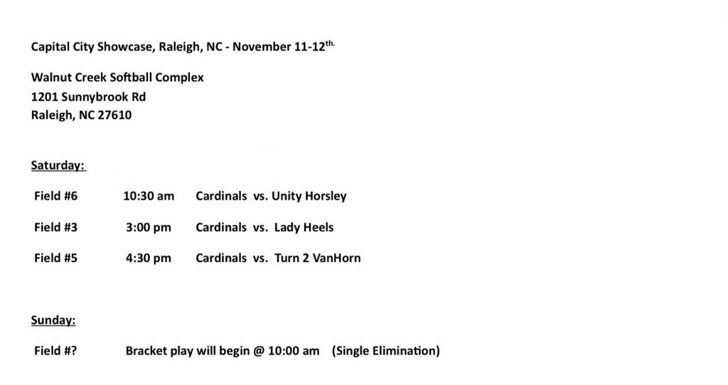 Excited to play in Raleigh this weekend with <a href="/CardinalsYates/">Carolina Cardinals Yates</a> . Hope to see you all there! <a href="/BelmontSoftball/">Belmont Softball</a> <a href="/GWUSoftball/">Gardner-Webb Softball</a> <a href="/ValkyriesSB/">Converse University Softball</a> <a href="/GuilfordCollege/">Guilford College</a> <a href="/PfeifferSball/">PFEIFFER SOFTBALL</a> <a href="/UNCP_Softball/">UNCP Softball</a> <a href="/Winthropsoftbal/">Winthrop Softball</a> <a href="/UMOSoftball/">Mount Olive Softball</a> <a href="/Walkertown_AD/">Walkertown Athletics</a> <a href="/wtown_softball/">WHS SOFTBALL</a> <a href="/WalkertownHigh/">Walkertown High</a>