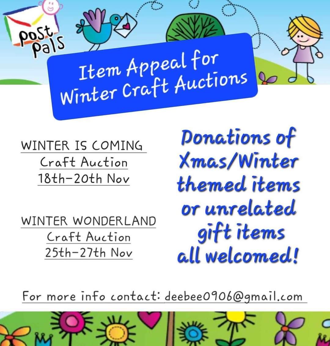 postpals's tweet image. We’re having an auction! All items which can be used as gifts welcome! Money raised will be used to provide a summer holiday for seriously ill children and their families next year. 

Please email Dawn on deebee0906@gmail.com if you have an item you can donate

Thank you!