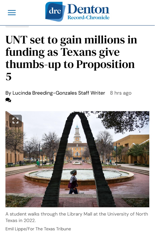 I am thrilled Texas voters overwhelmingly approved Proposition 5 creating the Texas University Fund. This is a historic moment for #UNT – and for Texas. The #TUF is a transformational investment in UNT, Texas higher education, and the state’s economy. Read more: