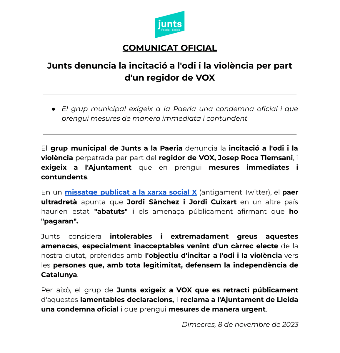 Grup Municipal Junts - Paeria (@juntsxcatpaeria) on Twitter photo 🔴 COMUNICAT OFICIAL | <a href="/juntsxcatpaeria/">Grup Municipal Junts - Paeria</a> denuncia la incitació a l'odi i la violència per part d'un regidor de VOX
‼ El grup municipal exigeix a l'Ajuntament de #Lleida una condemna oficial i que prengui mesures de manera immediata i contundent ⬇ 🔴 COMUNICAT OFICIAL | <a href="/juntsxcatpaeria/">Grup Municipal Junts - Paeria</a> denuncia la incitació a l'odi i la violència per part d'un regidor de VOX
‼ El grup municipal exigeix a l'Ajuntament de #Lleida una condemna oficial i que prengui mesures de manera immediata i contundent ⬇