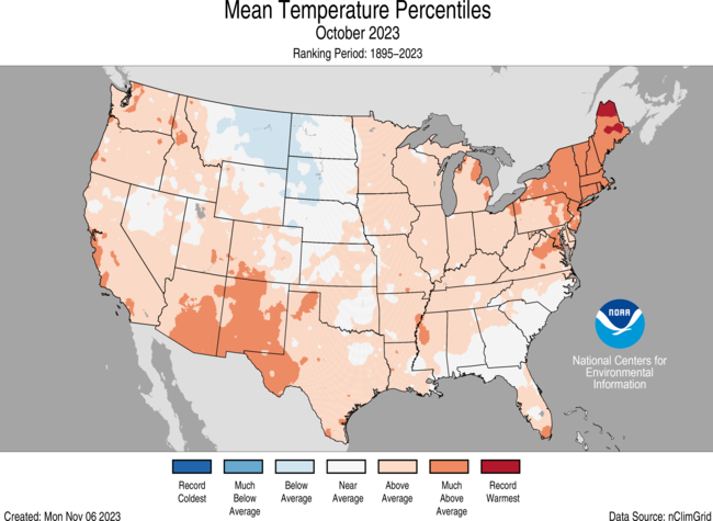 (2 of 5) #October avg. temp for the contiguous U.S. was 56.1°F, 2.0°F above avg. — ranking 18th warmest in NOAA’s 129-year record: bit.ly/October2023USC… @NOAANCEI #StateOfClimate