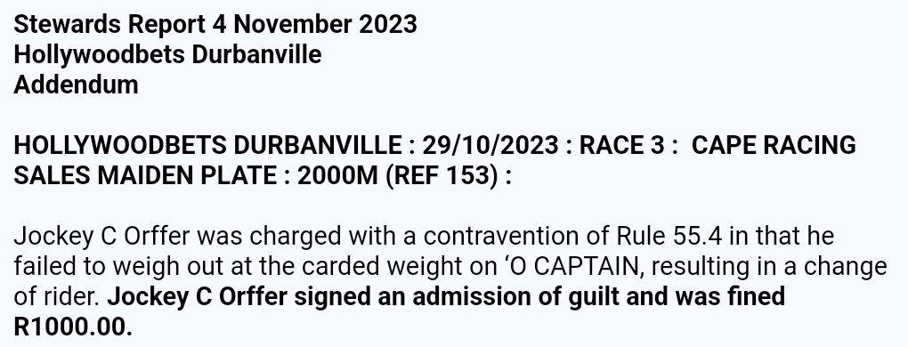 NHASouthAfrica's tweet photo. The following was an Addendum to the #StewardsReport from Hollywoodbets #Durbanville on 4 November 2023 https://t.co/XAXWNiNouh