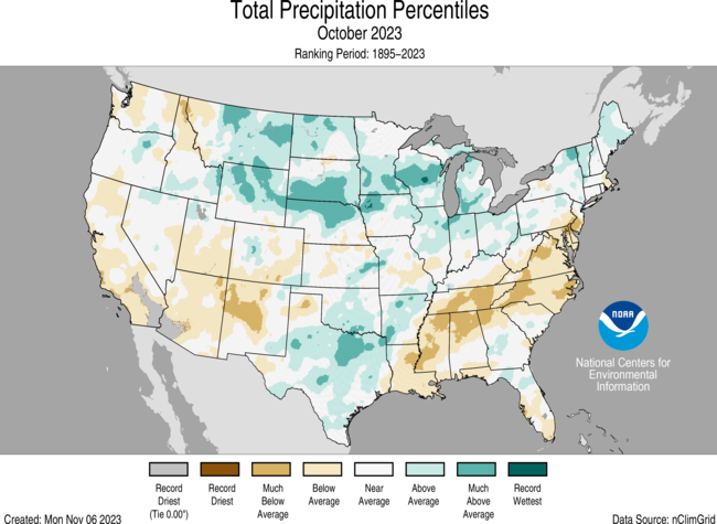 (3 of 5) #October contiguous U.S. precipitation total was 2.14 inches, 0.05 inch below avg. — ranking in the middle third of the historical record: bit.ly/October2023USC… @NOAANCEI #StateOfClimate