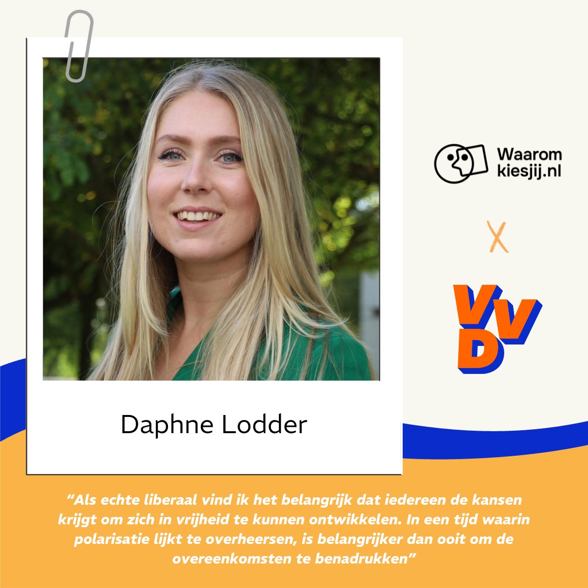 waaromkiesjij's tweet photo. Geweldig om @daphnelodder van de @VVD als ambassadeur te hebben voor https://t.co/dBtnSKIPUW ! https://t.co/1StBVdtkpD