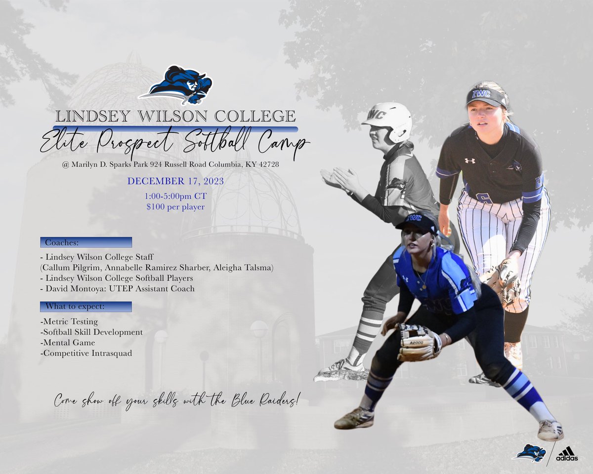 Lindsey Wilson College Softball (@lwcsoftball) on Twitter photo ❄️ Mark your Calendars ❄️
Registration for our winter camp is officially open. Come camp with LWC Softball Coaches, LWC softball players, and UTEP Assistant Coach David Montoya!
Please email Coach Aleigha (aleigha.talsma@lindsey.edu) to register!
Can’t wait to see you there! ❄️ Mark your Calendars ❄️
Registration for our winter camp is officially open. Come camp with LWC Softball Coaches, LWC softball players, and UTEP Assistant Coach David Montoya!
Please email Coach Aleigha (aleigha.talsma@lindsey.edu) to register!
Can’t wait to see you there!