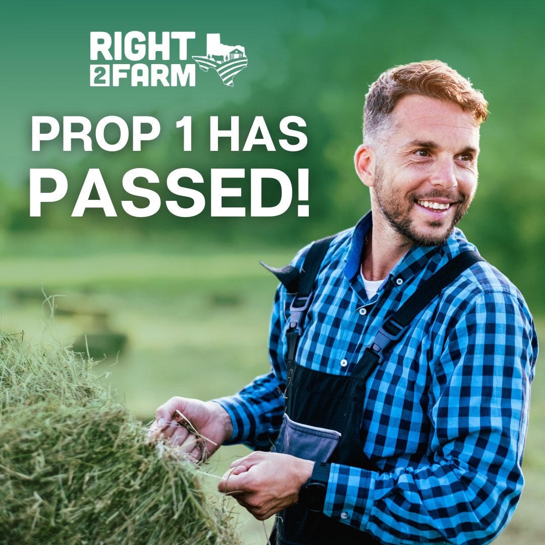 Thank you, Texas! Because of your support, Prop 1 has passed. 👏 Your vote made a difference, and Texas agriculture is stronger because of it. The Right to Farm and Ranch will be enshrined into the Texas Constitution!