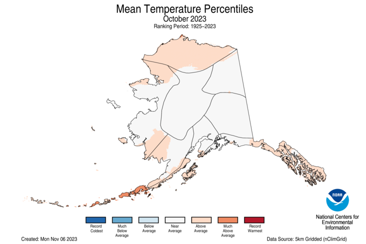 (4 of 5) #Alaska’s average #October temp was 27.8°F, 2.3°F above avg., ranking in the middle third of the 99-year record: bit.ly/October2023USC… @NOAANCEI #StateOfClimate