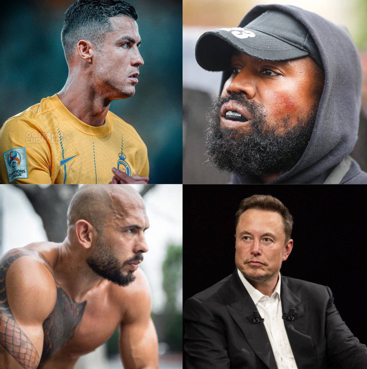 Rank the most influential men of 2023.

1. Andrew Tate
2. Kanye West
3. Cristiano Ronaldo 
4. Elon Musk