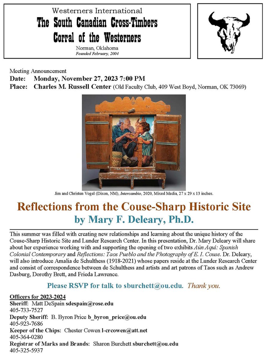 We hope you can join us on Mon., Nov. 27, @ the Russell Center @ 7 pm, for this exciting upcoming Taos talk. Questions: 405-325-5939.