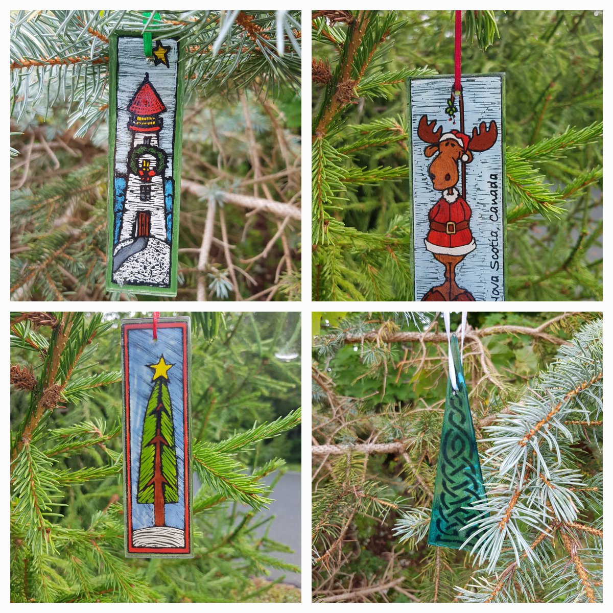 Taking orders now for #christmasornaments, get them before they're gone ! 
We've got the #lighthouse , #canadianmoose #christmastree and #celticknot. They are #fusedglass handmade by yours truly ! #madeinnovascotia #halifaxns Email lori@cranberrystainedglass.com to order yours