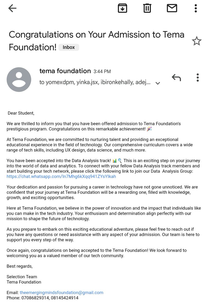 I am delighted to announce that I have recently received admission into the esteemed TEMA Foundation, where I will be pursuing a comprehensive program in Data Analysis. This remarkable opportunity fills me with great enthusiasm and determination. 
@Tem_Foundation #DataAnalytics