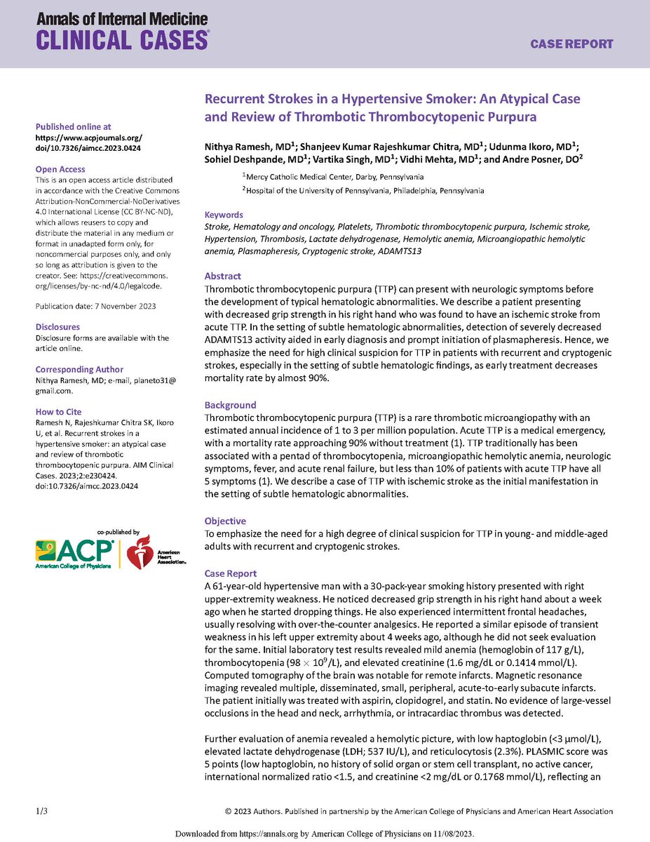 AnnalsofIMCC's tweet photo. Recurrent Strokes in a Hypertensive Smoker: An Atypical Case and Review of Thrombotic Thrombocytopenic Purpura by @NithyaRamesh_20 @Shanjeev96 @MCMC_IMres @PennMedicine https://t.co/xCUTAPbWeU #smoking @stroke #TTP @ACPIMPhysicians @AHAScience #ahajournals https://t.co/wsNqsGNDcm