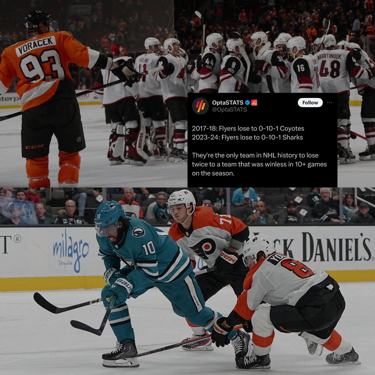 FlyersNation's tweet photo. The #Flyers made NHL history by becoming the first franchise to lose twice to a team that was winless in 10+ games on the season (2017, 2023). 

(@OptaSTATS) https://t.co/ozksioegYM