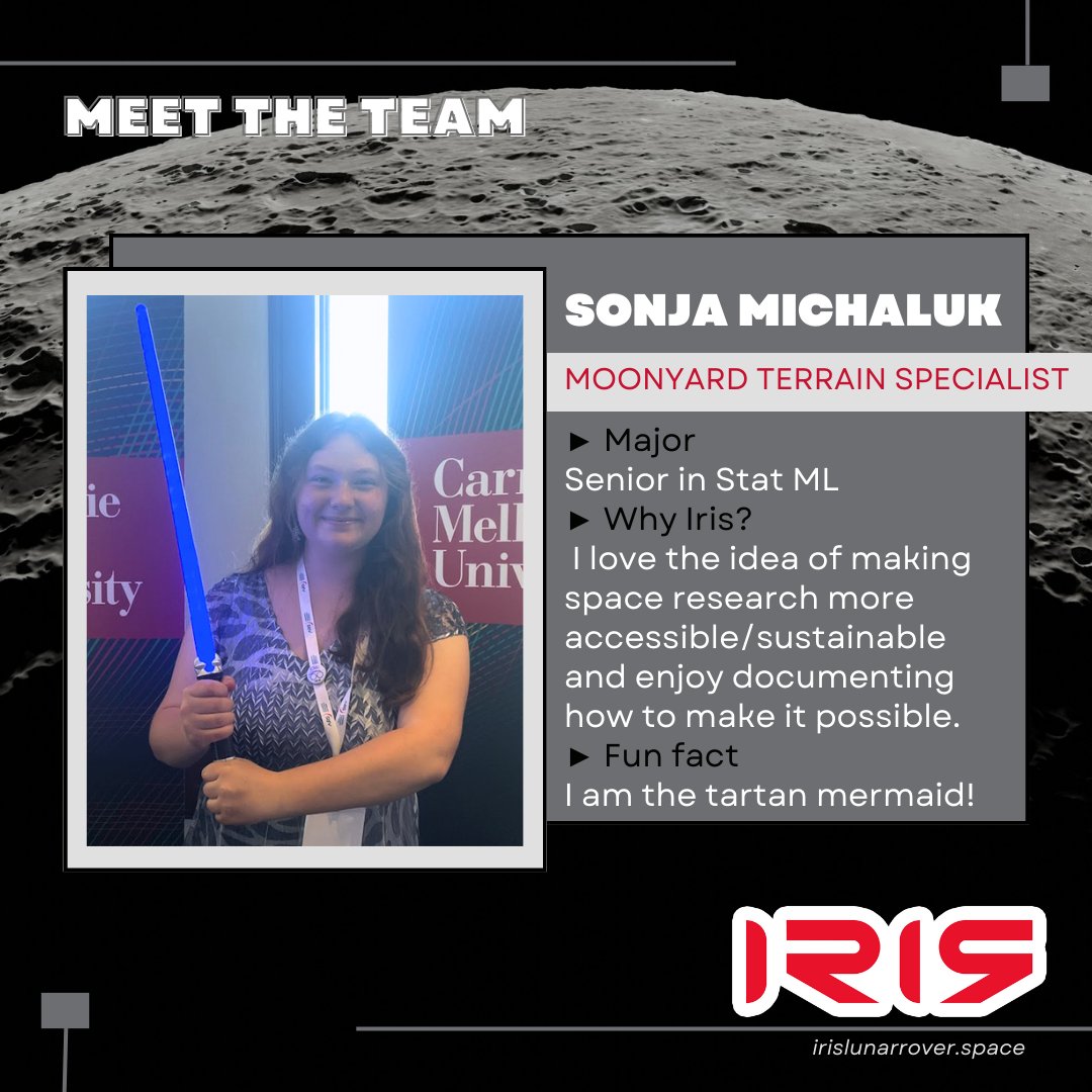 Continuing  our Meet the Team series with Sonja Michaluk, Iris's Terrain Specialist  in Moonyard! Sonja has a small planet named in her honor - how cool is  that?

#meettheteam #irislunarrover #studentbuilt