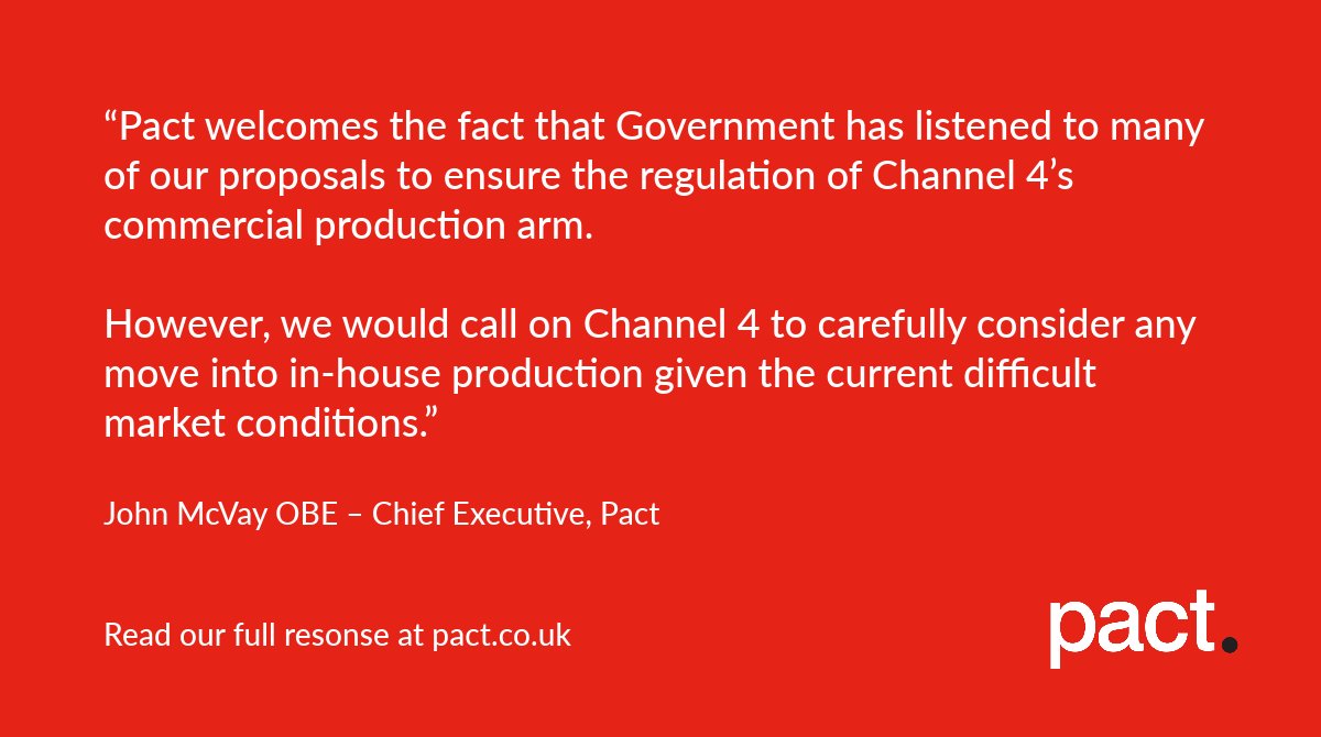 The Government has today set out how it plans to proceed with its reform of Channel 4, including the parameters under which any in-house production will operate.

Read our update about it for #UKindies here: pact.co.uk/latest-updates…