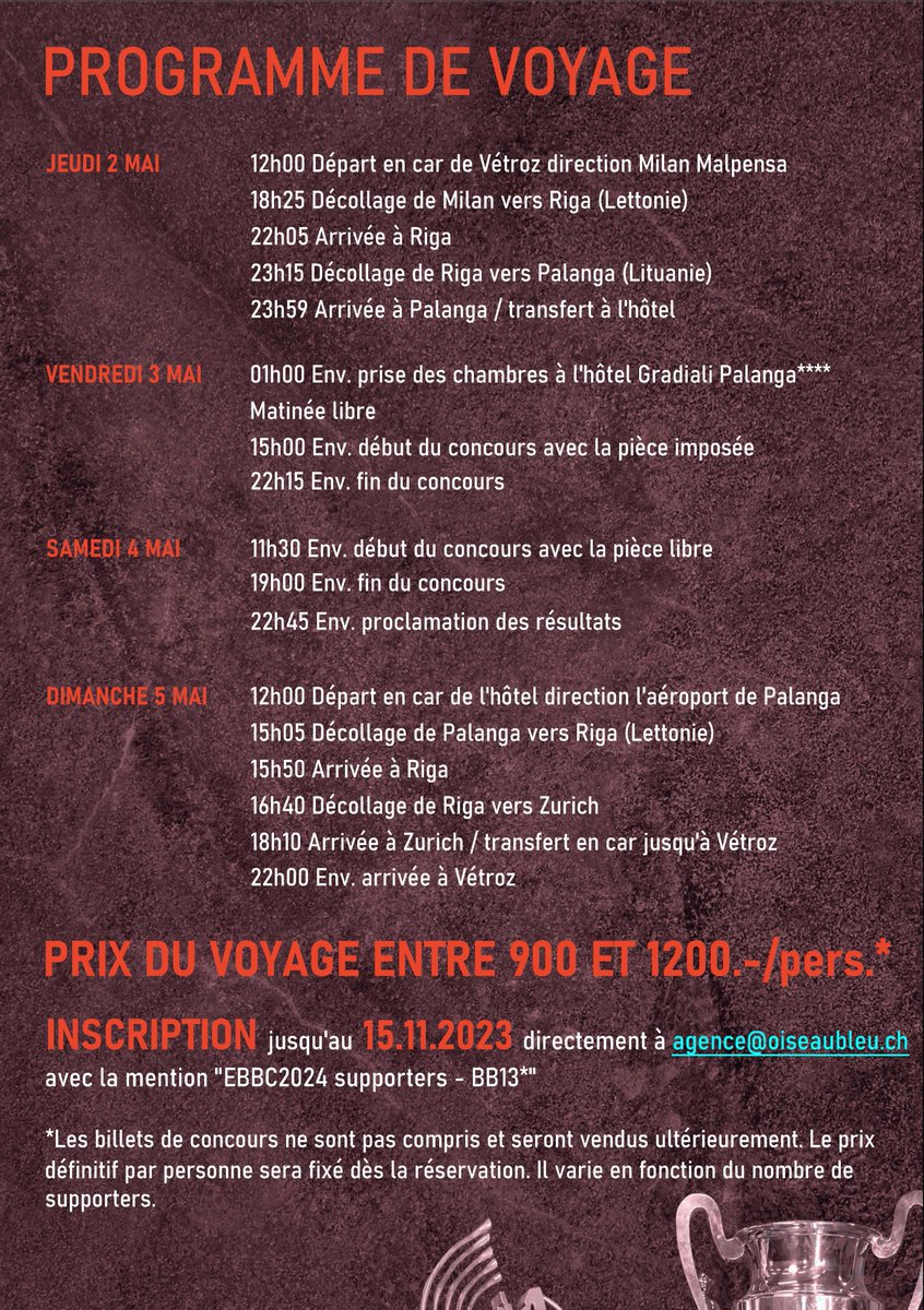 BB13* (@bb13_etoiles) on Twitter photo ⚫🔴Accompagnez le BB13* au Championnat d'Europe à Palanga ✈️
📅 Inscription jusqu'au 15 novembre : agence@oiseaubleu.ch ⚫🔴Accompagnez le BB13* au Championnat d'Europe à Palanga ✈️
📅 Inscription jusqu'au 15 novembre : agence@oiseaubleu.ch