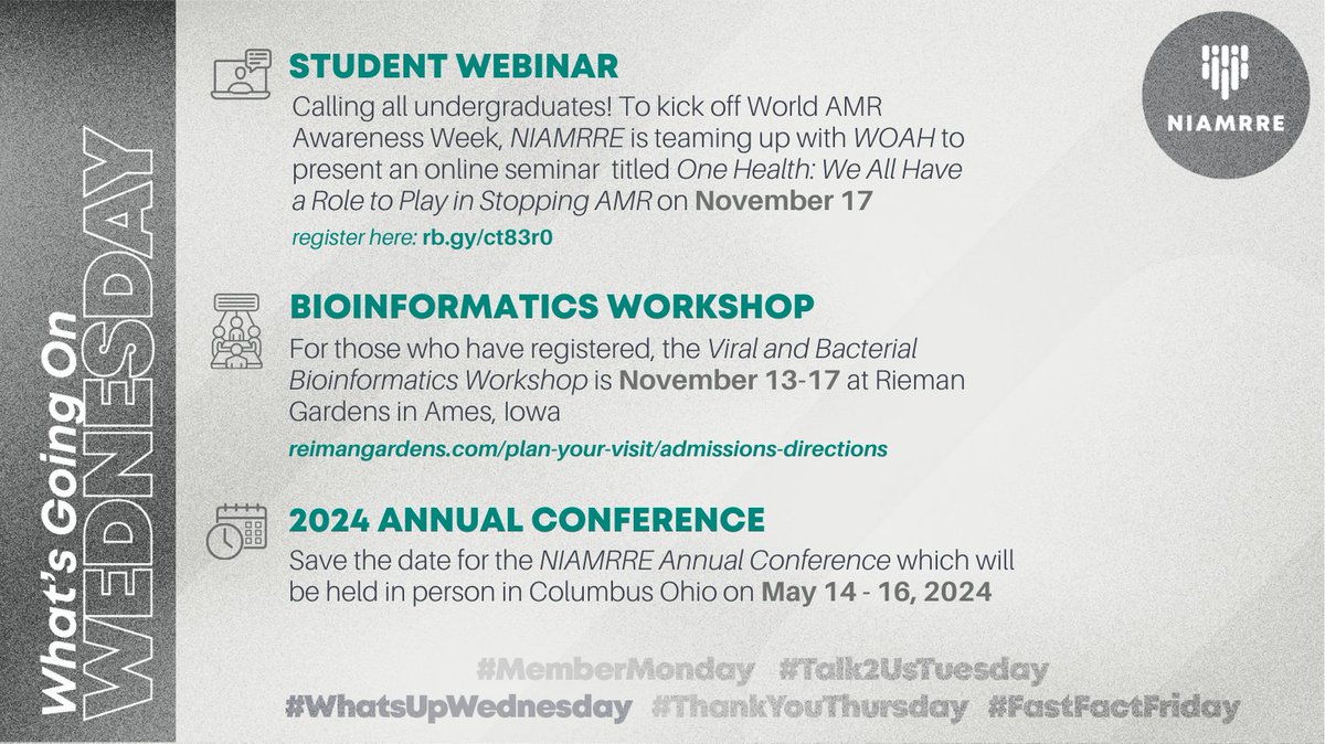 Big things are just around the corner for NIAMRRE! Here's what you need to know this week to say in the loop. Links: Student Webinar (rb.gy/ct83r0) Bioinformatics Workshop (reimangardens.com/plan-your-visi…)