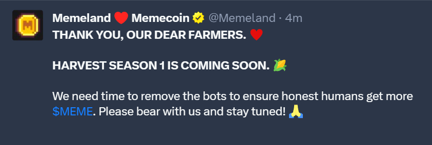 axelroode's tweet photo. The Memeland team has announced Season 1 of farming and is actively filtering out bots in preparation for the launch of $MEME claim, which is primarily for human farmers. https://t.co/cpX3CEnKSS