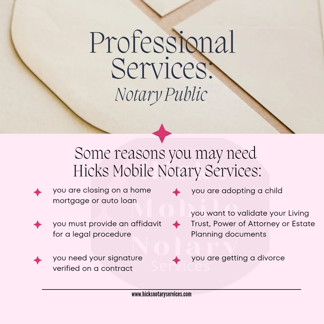 A Notary Public is a service often overlooked until it's urgently needed. Finding and scheduling an appointment can be a hassle. Hicks Mobile Notary Services alleviates that challenge by conveniently coming to you. No more searching aimlessly for a notary in town – contact us.