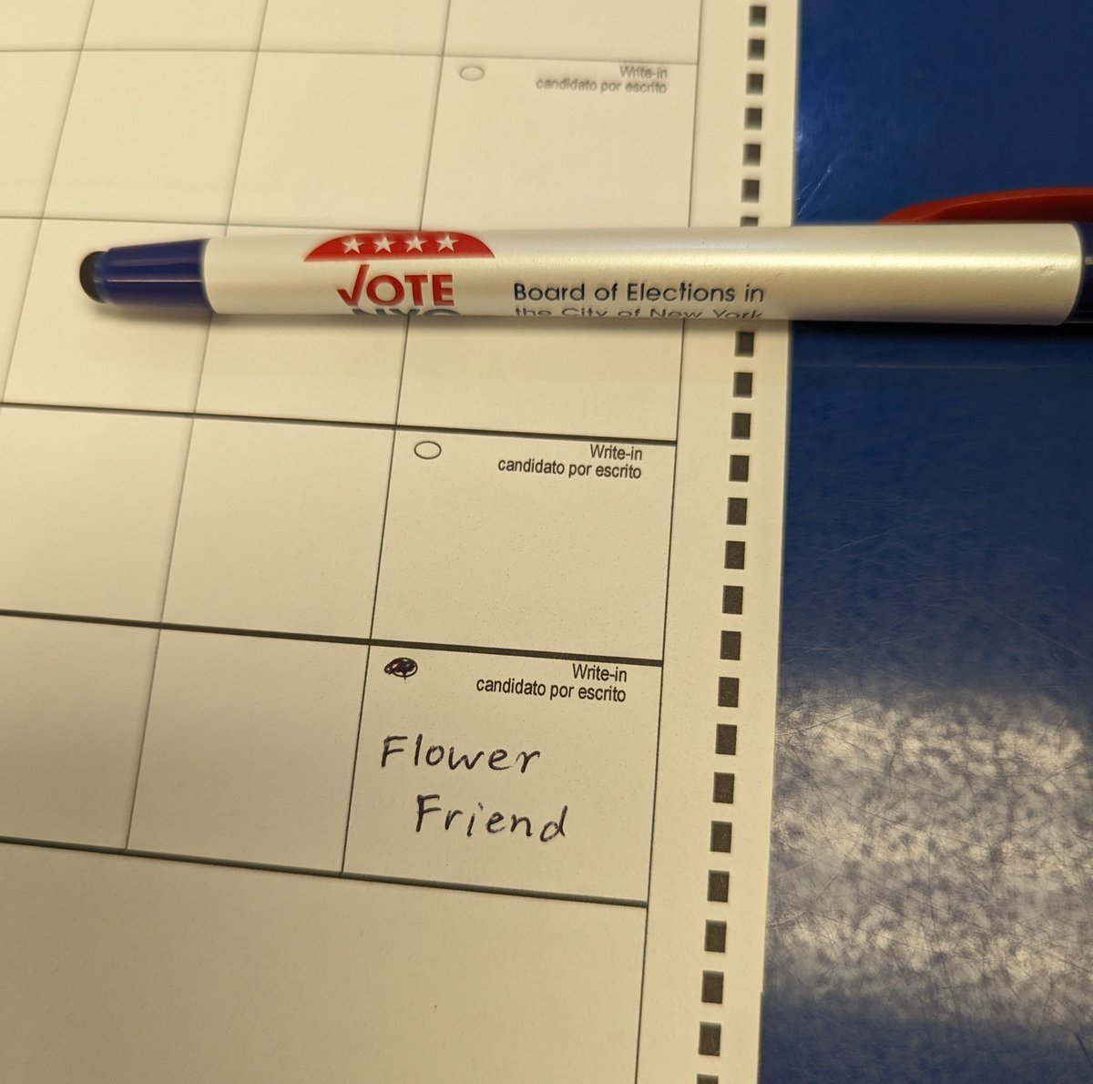 Ridgefood's tweet photo. I chose to cast my vote for FLOWER FRIEND—the cheery, neighborhood-loving, potluck-hosting spokesflower for @RidgewoodRides—for City Council.

Congrats on the win, @BobHoldenNYC! Flower Friend hopes you'll work hard to make our NYC streets safe for cyclists &amp; pedestrians. 🚲🚸 https://t.co/uxtgYqphvn
