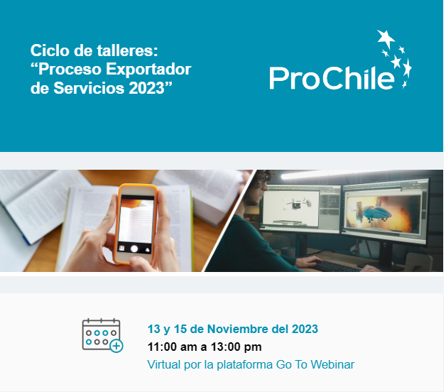 ProChile para invitar a participar del ciclo de talleres Proceso Exportador de Servicios 2023.

La fecha de cierre de inscripciones será hasta el día jueves 09 de Noviembre a las 23:59 pm. Inscripciones en convocatorias.prochile.cl/formulario/emp…