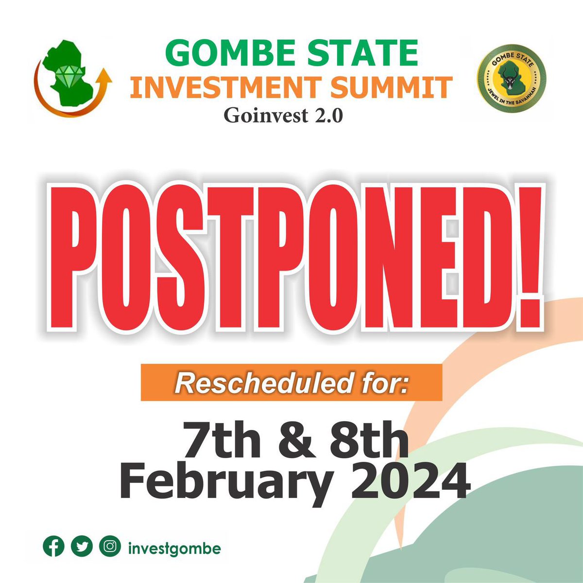 IsmailUMisilli's tweet photo. Gombe State Government has announced the postponement of the much-anticipated Gombe State Investment Summit 2023, tagged GoInvest 2.0 earlier scheduled for November 16 and 17, this year. https://t.co/LQdQkXmjBy