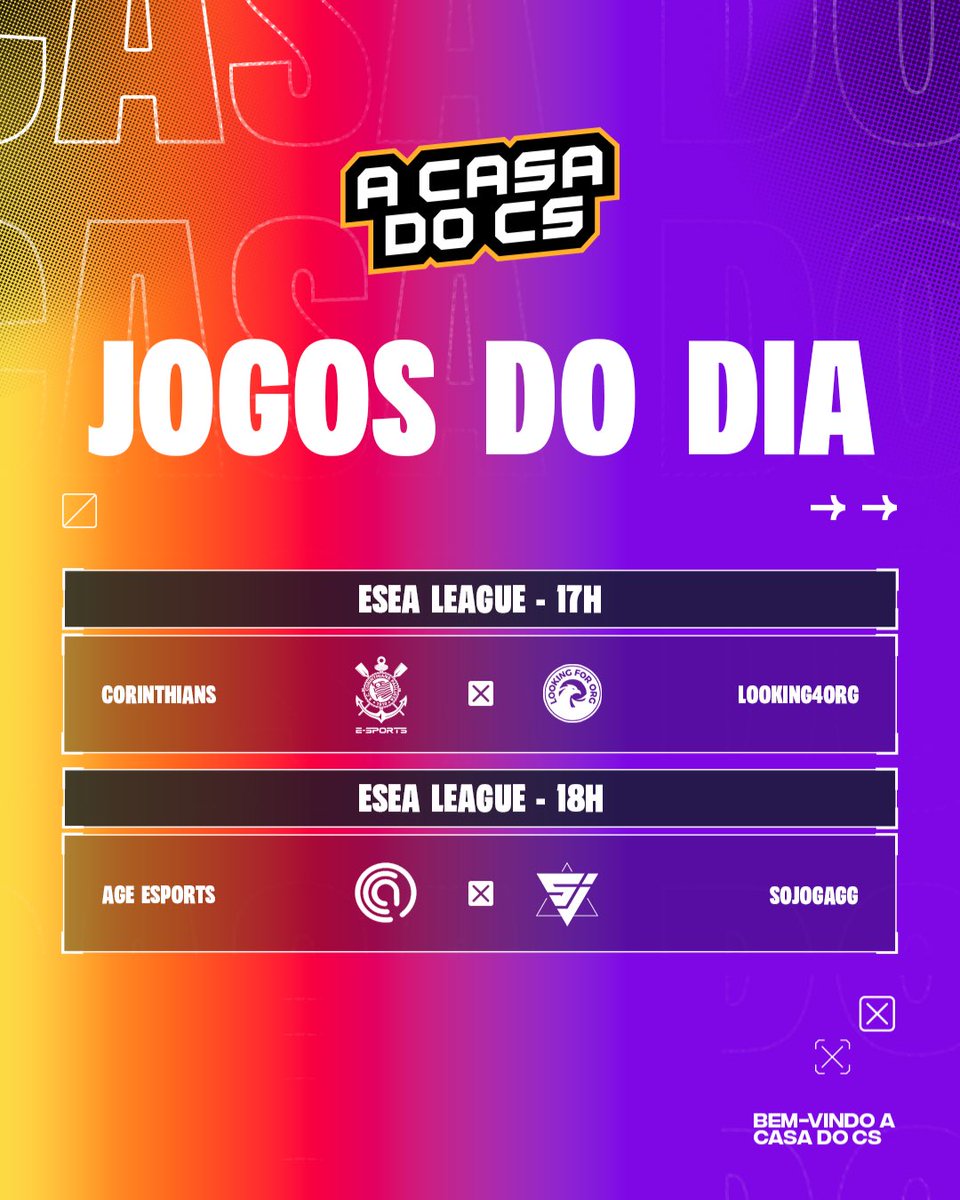 A Casa do Cs (@acasadocs) on Twitter photo Hoje teremos dois jogos aqui na casa do CS! 🎮 Essas partidas na <a href="/ESEA/">ESEA League</a> League prometem muita emoção! 🔥
<a href="/sccp_esports/">Corinthians Esports</a> 🆚 #Looking4org
Início às 17:00 🕔
@agesports_gg 🆚 <a href="/SoJogaGG/">SoJoga</a>
Início às 18:00 🕕
Vem torcer para o seu time 🔥 Hoje teremos dois jogos aqui na casa do CS! 🎮 Essas partidas na <a href="/ESEA/">ESEA League</a> League prometem muita emoção! 🔥
<a href="/sccp_esports/">Corinthians Esports</a> 🆚 #Looking4org
Início às 17:00 🕔
@agesports_gg 🆚 <a href="/SoJogaGG/">SoJoga</a>
Início às 18:00 🕕
Vem torcer para o seu time 🔥
