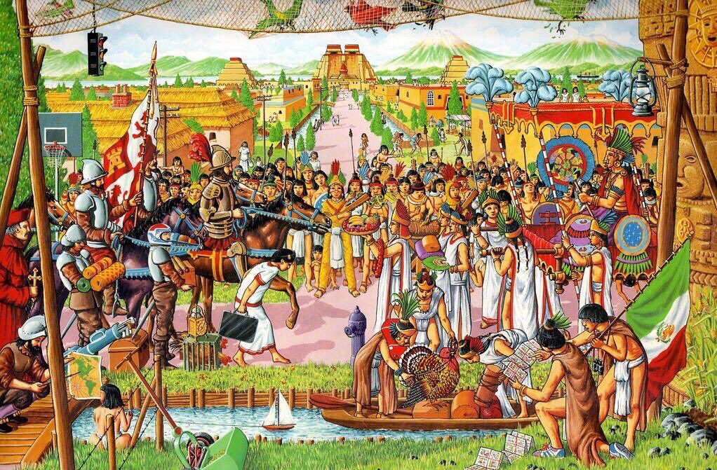 HOY, HACE 504 SE  ENCONTRÓ EL HUEY TLAHTOANI Y HERNÁN CORTÉS en la calzada de Mexihco-Ixtapallapan. Me encanta esta ilustración donde se recrea este famoso acontecimiento del 8 de noviembre de 1519. Cuántos objetos que no pertenecen al periodo prehispánico puedes localizar?