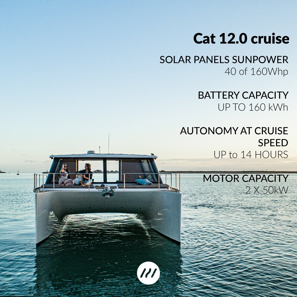 CAT 12.0 Cruise: Ultimate Autonomy, Low Maintenance, and Eco-Friendly Power. Our advanced technology ensures unlimited autonomy, even for extended stays in paradise bays. With zero reliance on fossil fuels and minimal maintenance, your boat is always ready. Enjoy free energy!