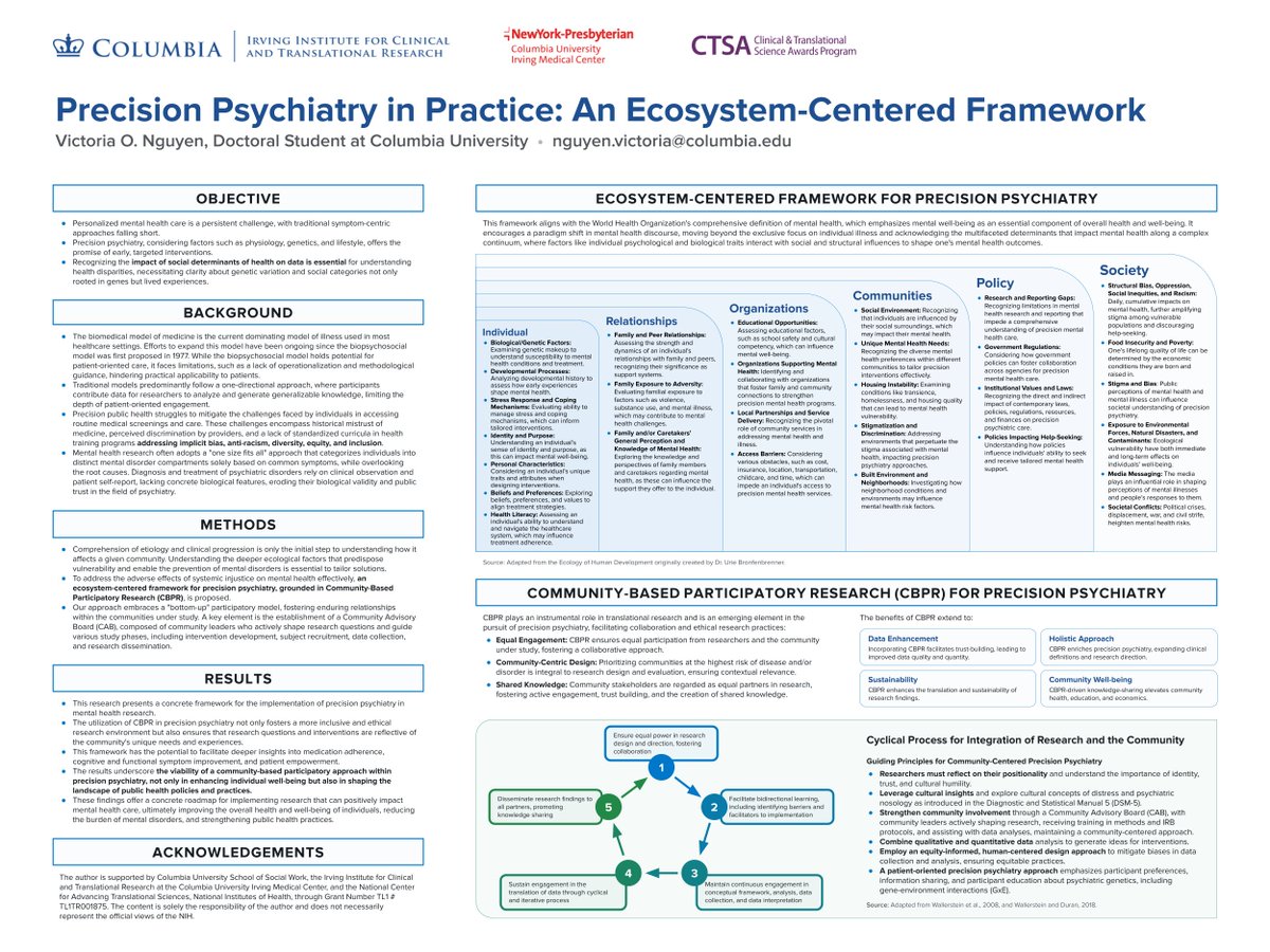 Poster #7 is from Victoria Nguyen at Columbia University! This work discusses a new framework for implementing precision psychiatry by addressing critical social determinants of mental health. #precisionpublichealth #mentalhealth #poster
