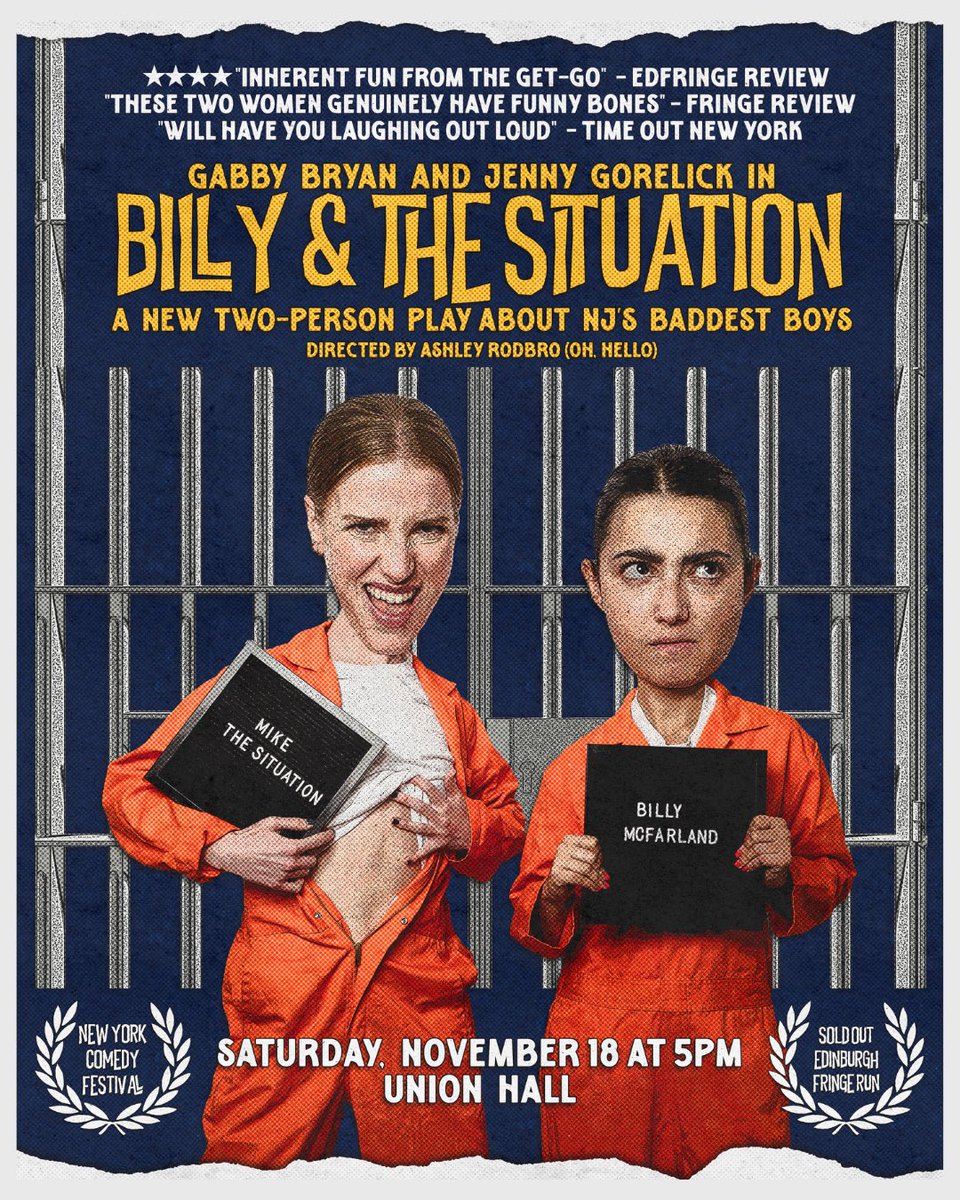 This new two-person play about NJ’s baddest boys will have you laughing out loud” - TIME OUT NEW YORK

A play about the time Mike “The Situation” Sorrentino (MTV’s Jersey Shore) and Billy McFarland (the Fyre Festival guy) were in the same prison in 2019. 

<a href="/UnionHallNY/">Union Hall</a> 11/18 at 5