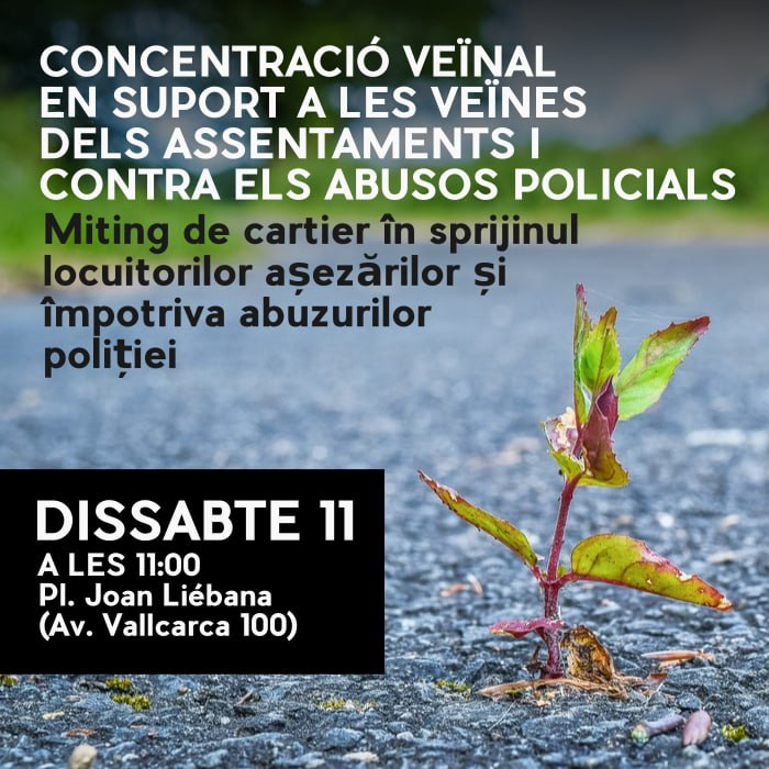 ❤️ Concentració veïnal en suport a les veïnes dels assentaments de #Vallcarca i contra els abusos policials

📌 Dissabte 11 de novembre a les 11.00 h a la Pl. Joan Liébana (Av. Vallcarca 100)

💚 Les nostres veïnes no estan soles, la solució no serà mai policial!