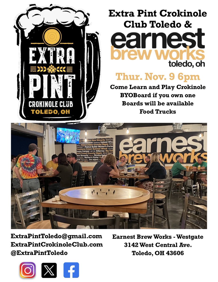 ExtraPintToledo's tweet image. Late notice but we’ll be out at Earnest brew works Westgate tomorrow afternoon for some Pints and Crokinole. Come on out for good times and good beer! 🍻