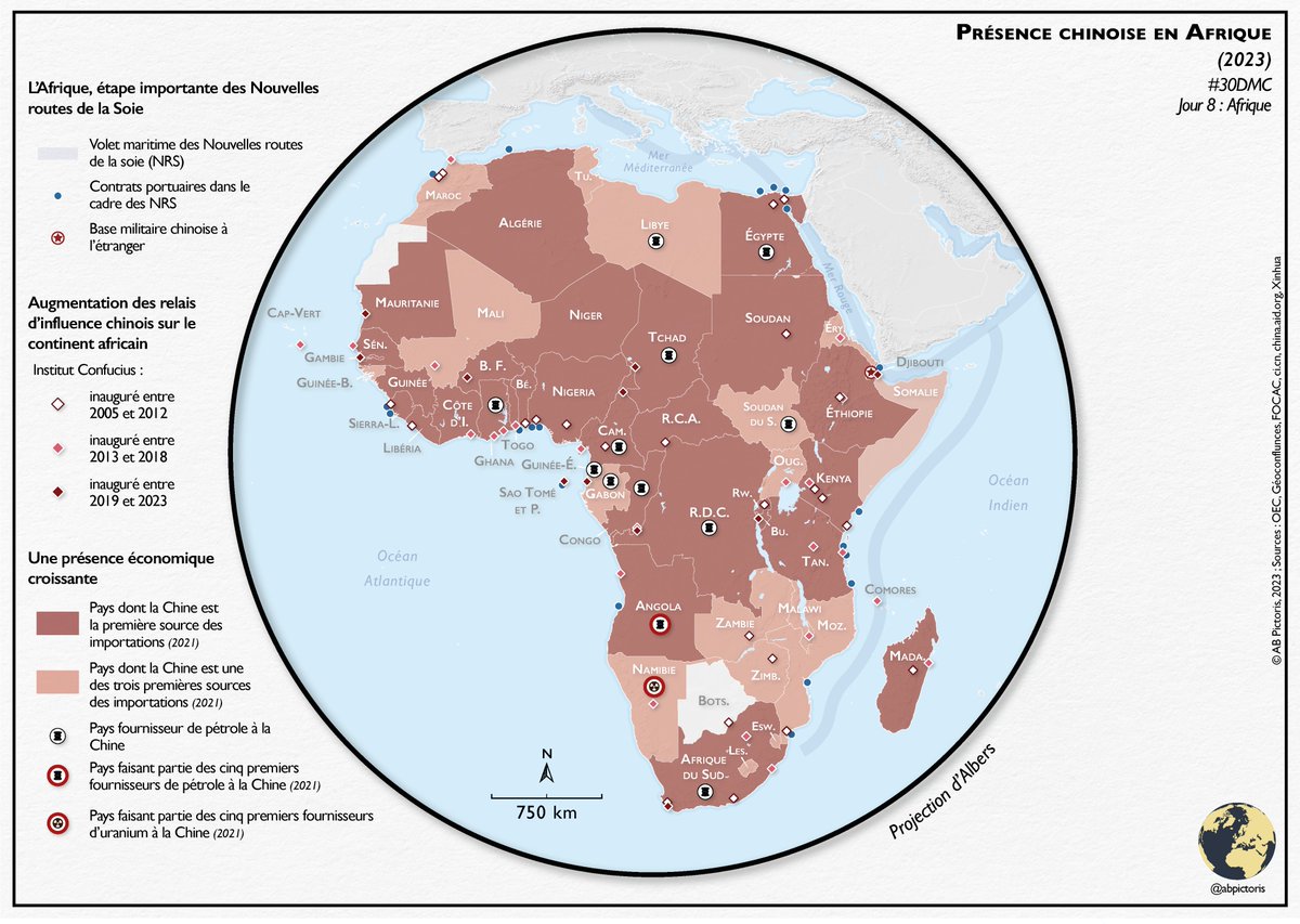 Jour 8 : Afrique 

🗺 Présence chinoise en Afrique

Sources : OEC, Géoconfluences, FOCAC, chinaaid

Réalisée avec QGIS et Illustrator

#30DayMapChallenge #30DMC #china #africa #bri