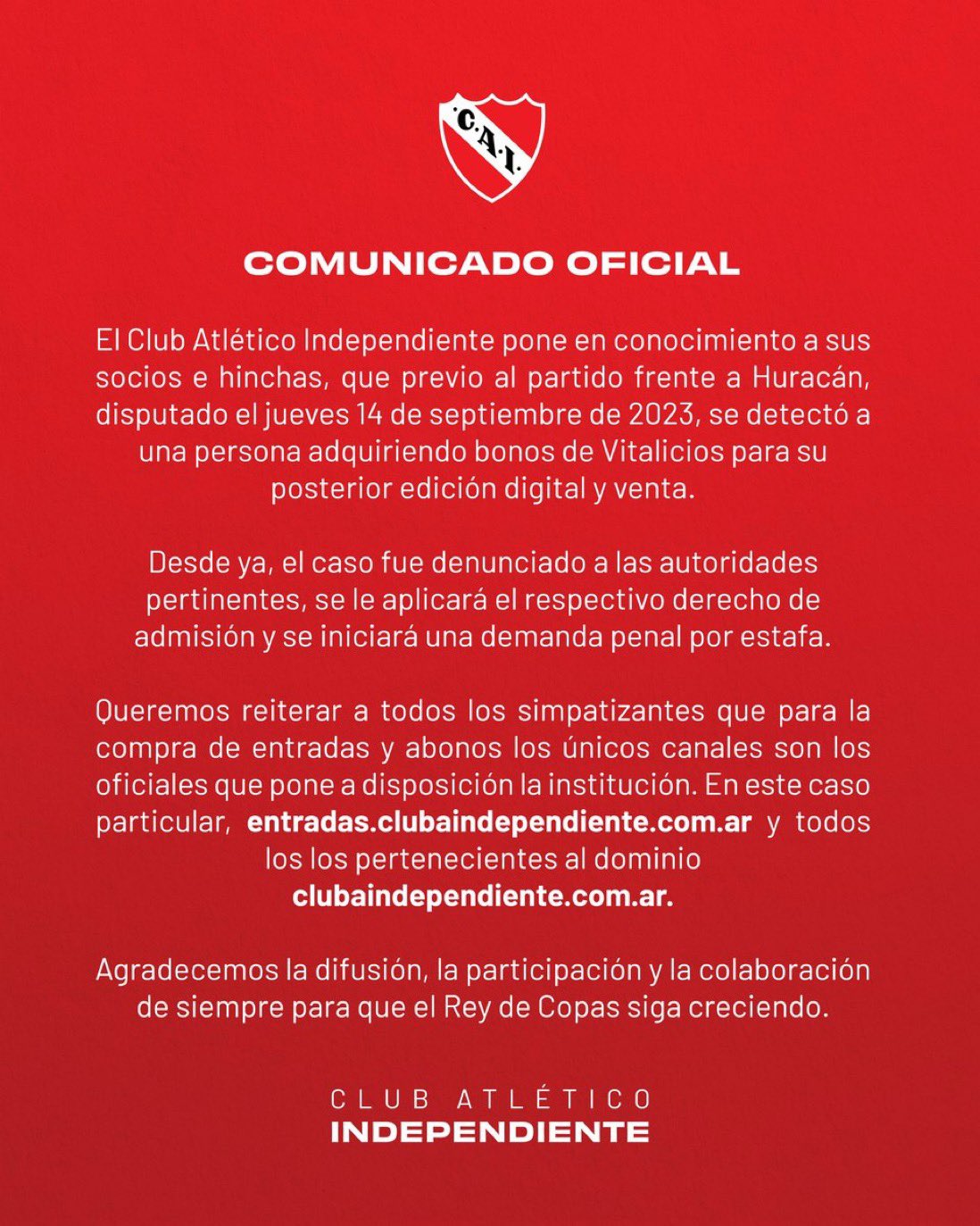 Club Atlético Independiente - VENTA DE ENTRADAS ANTE HURACÁN El