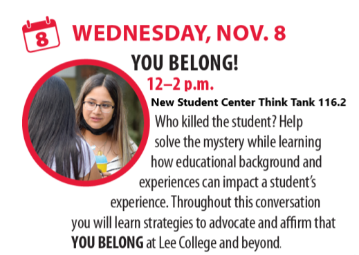 LeeTriosss's tweet photo. You Belong
TODAY from 12PM-2PM in the New Student Center Think Tank Room 116.2!

WHO KILLED THE STUDENT? Help solve the mystery while learning how educational background and experiences can impact a student's experience. https://t.co/Oc1PI6VI46