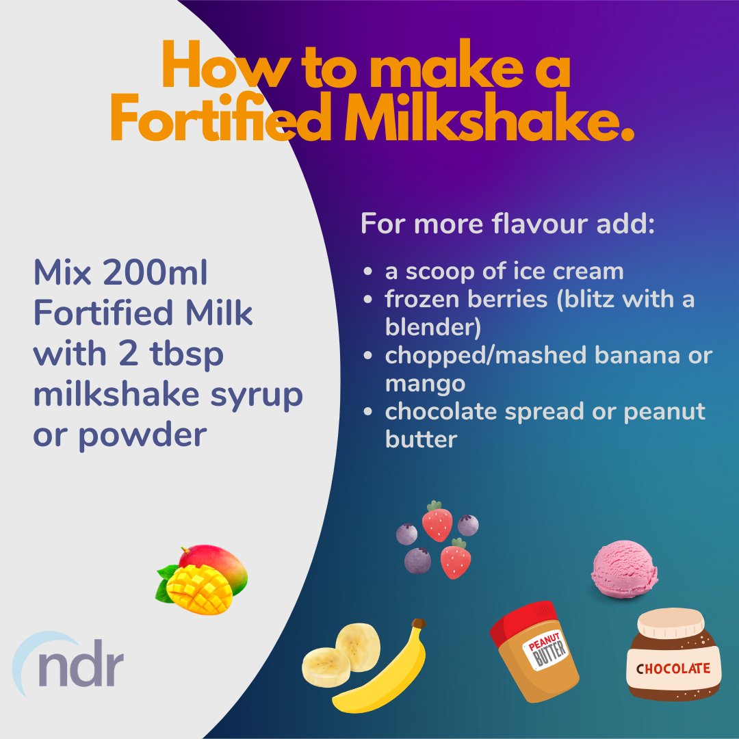 A helpful &amp; tasty way to increase your protein &amp; energy intake is to have a milkshake made with fortified milk. You can easily add flavour &amp; tailor to your own preferences. Ideas include adding your favourite ice cream, frozen berries, banana, mango or peanut butter. #UKMAW2023.