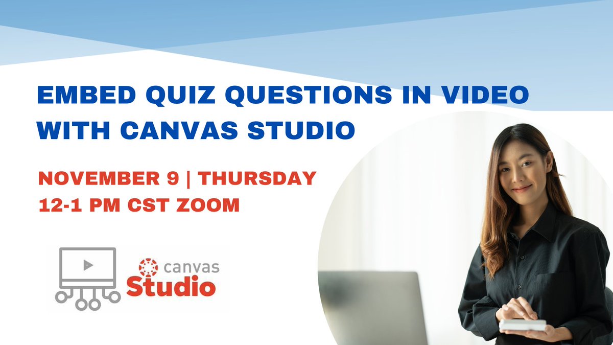 clearUNT's tweet image. Join us on Nov 9 at noon for a virtual session on Canvas Studio. Learn about the many uses of this multimedia tool, including embedding questions in video content for students. Register here: bit.ly/3E0mqe6 #FacultyDevelopment #CanvasStudio