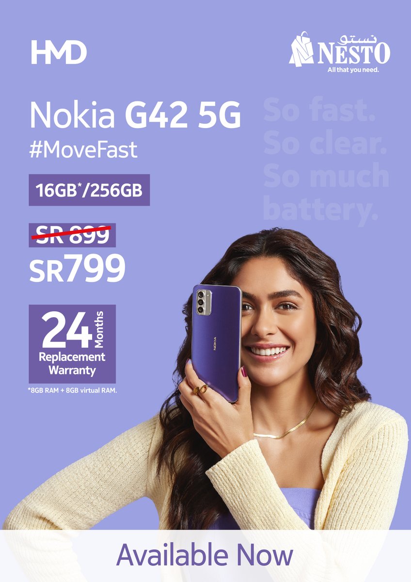 HyperNestO's tweet image. 📱✨#AvailableNow - Nokia G42 5G at Hyper Nesto📱With a whopping 16GB RAM and a generous 256GB ROM, you'll have all the space and speed you need🤩
.
#MoveFast #NokiaG42 #Nokia #Nesto #Nestohyper #Supermarket #offer #shopping #fashion #Clothing #onlineshopping #SaveatNestO #Food